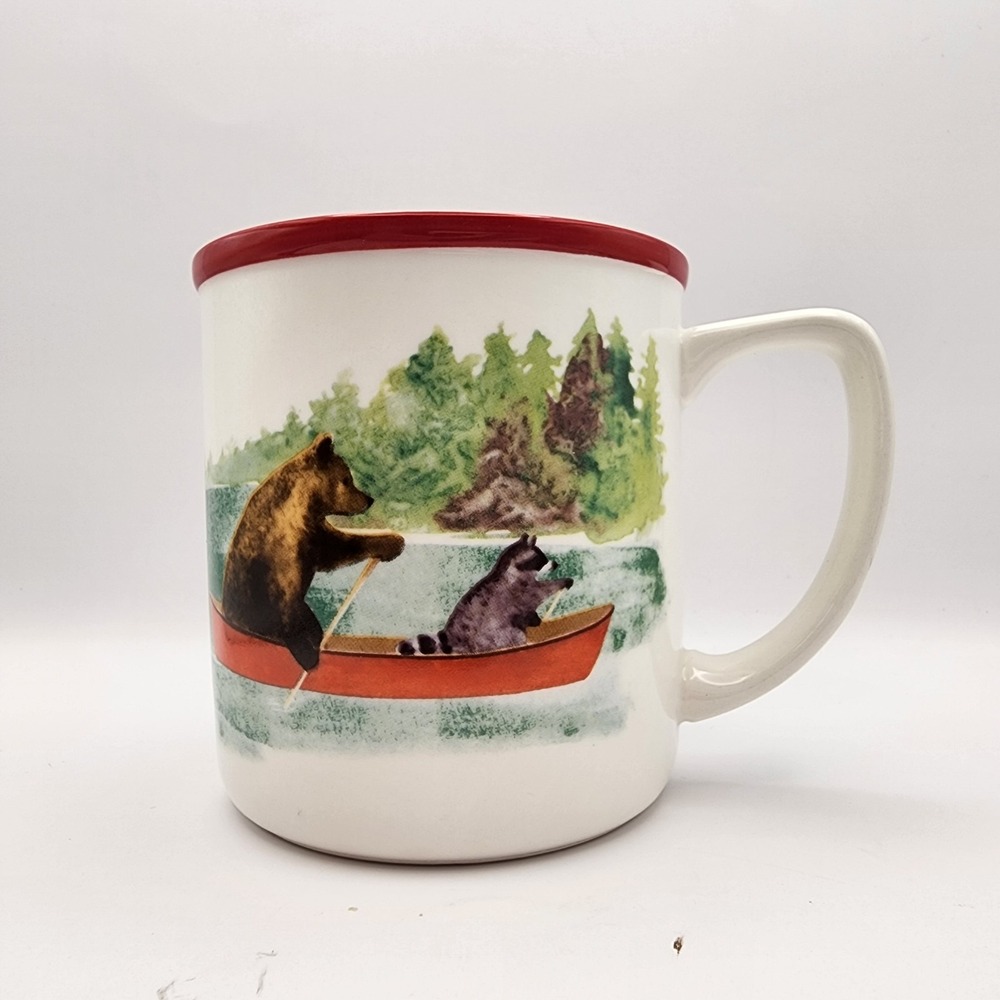 Animals In Canoe Coffee Mug Victoria Barnes Stoneware Bear Raccoon Fox Rabbit